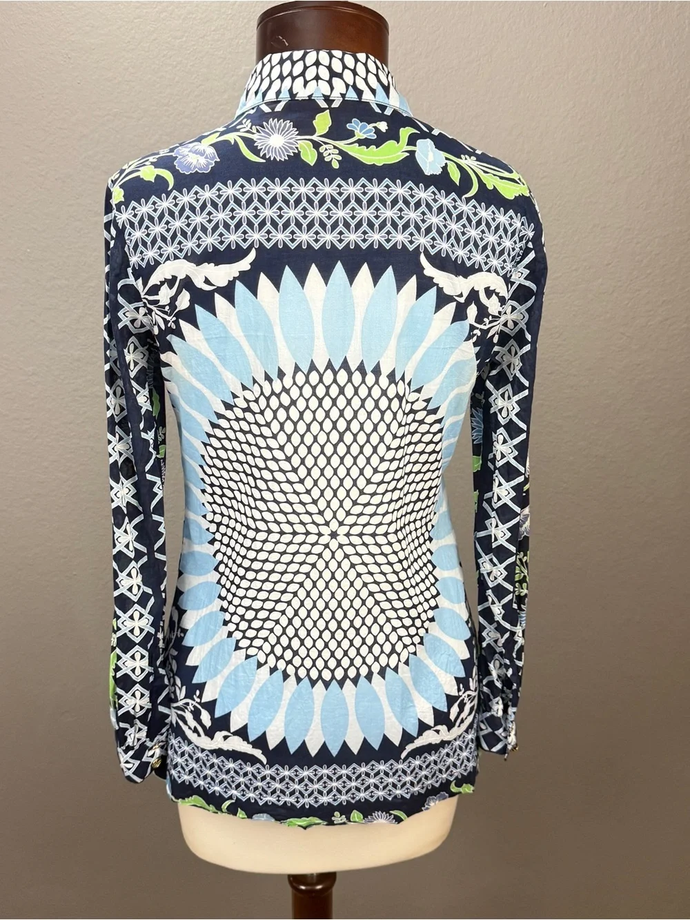 Tory Burch Floral Sunburst Multi Mosaic Cotton Button Up LS Blouse Top Sz 2